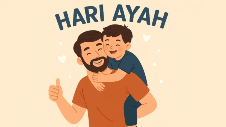 Ilustrasi kartun ayah berjanggut menggendong anak di bahunya, yang melambangkan momen hari ayah