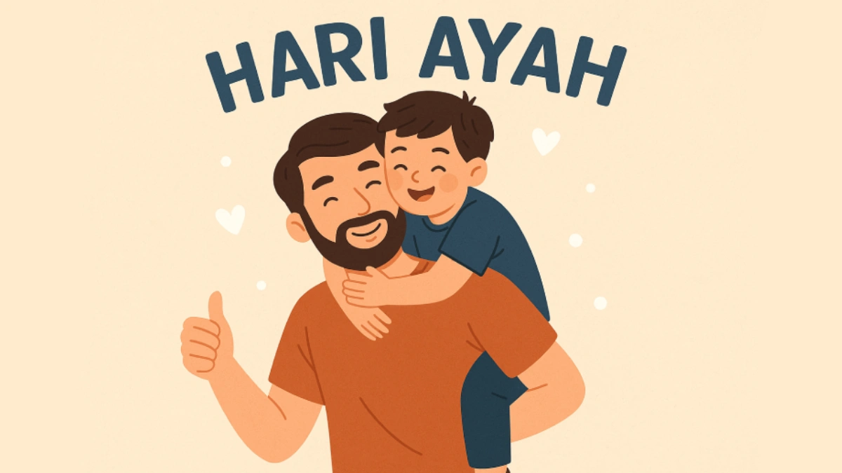 Ilustrasi kartun ayah berjanggut menggendong anak di bahunya, yang melambangkan momen hari ayah