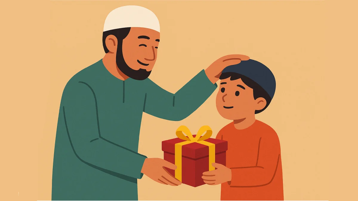 Ilustrasi program santunan anak yatim yang menunjukkan seorang lelaki memberikan hadiah kepada anak laki-laki dalam suasana hangat dan bermakna.