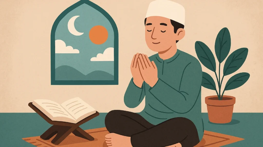 Seorang pria beramalan puasa Senin Kamis dengan posisi duduk bersila, menutup mata, dan menggabungkan kedua telapak tangan.