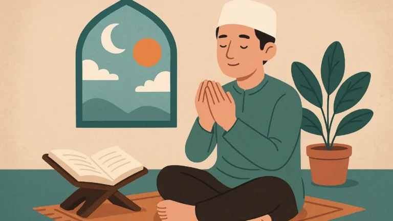 Seorang pria beramalan puasa Senin Kamis dengan posisi duduk bersila, menutup mata, dan menggabungkan kedua telapak tangan.
