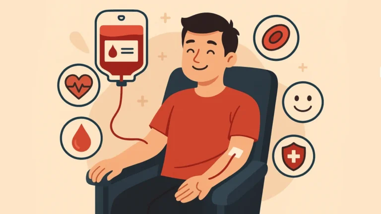 Ilustrasi donor darah dengan ikon jantung, tetes darah, dan simbol kebaikan. Menekankan benefit donor darah melalui visual sederhana.