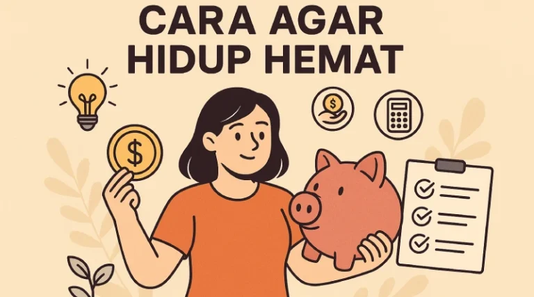 Cara agar hidup hemat: Ilustrasi wanita memegang koin dolar, piggy bank, dan daftar checklist. Icon lampu, tangan beri uang, serta kalkulator menunjukkan tips mengatur keuangan.