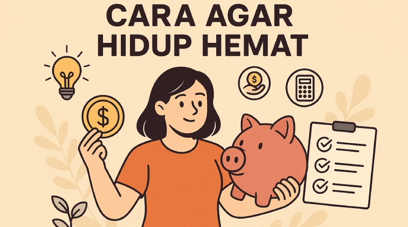 Ilustrasi gaya kartun wanita berbaju oranye memegang koin dolar, piggy bank, dan daftar checklist. Icon lampu, tangan beri uang, serta kalkulator di latar krem dengan daun ilustrasi, simbol hemat uang dan manajemen keuangan.