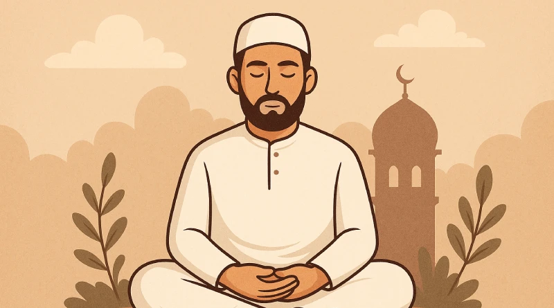 Gambar menunjukkan seorang Muslim yang sedang meditasi, menggambarkan cara menenangkan hati dan pikiran menurut Islam.