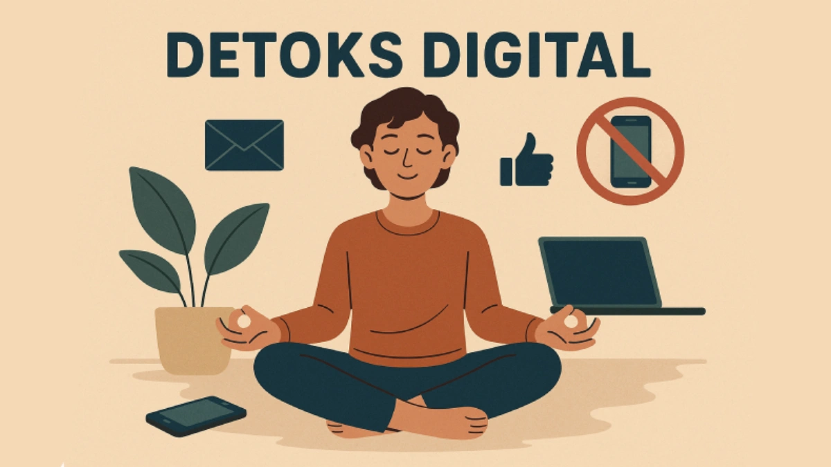 Ilustrasi vektor pria meditasi di dekat laptop tertutup, ponsel nonaktif, dan pot tanaman. Simbol larangan gadget dan ikon digital dicoret menyiratkan konsep 