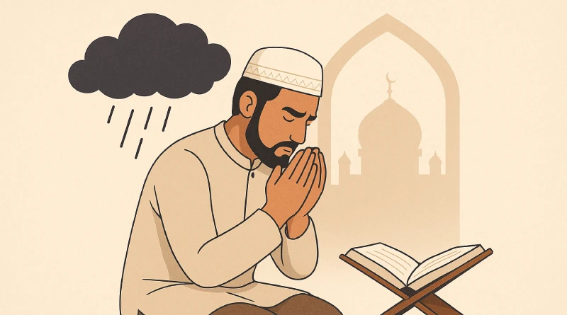 Seorang pria berdoa di masjid dengan tangan terangkat, menunjukkan doa menghadapi masalah sebagai solusi spiritual.