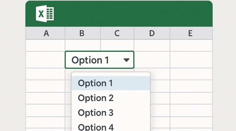Tabel Excel dengan daftar dropdown excel di sel B3, menampilkan opsi 1-4, saat ini memilih 