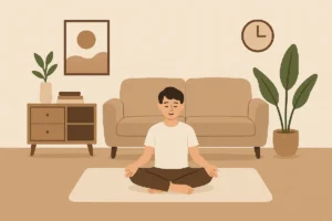 Gaya hidup minimalis diwujudkan melalui ruang yang lega tanpa hiasan berlebihan: satu kursi, meja kayu, dan tanaman kecil sebagai sentuhan alami.