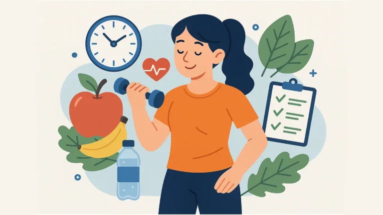 Ilustrasi gaya hidup sehat yang menampilkan aktivitas fisik, konsumsi makanan bergizi, dan istirahat cukup.