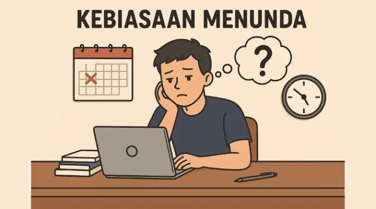 Ilustrasi pria muda duduk di meja kerja dengan laptop terbuka, tumpukan buku, pensil, kalender bertanda silang merah, dan jam dinding pukul 10:10, latar belakang putih, teks 