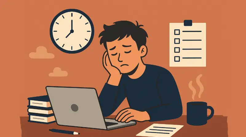 Ilustrasi pria muda terlihat lelah duduk di meja kerja dengan laptop, tumpukan buku, pensil, checklist berisi kotak kosong, jam dinding pukul 19:00, dan secangkir minuman panas.