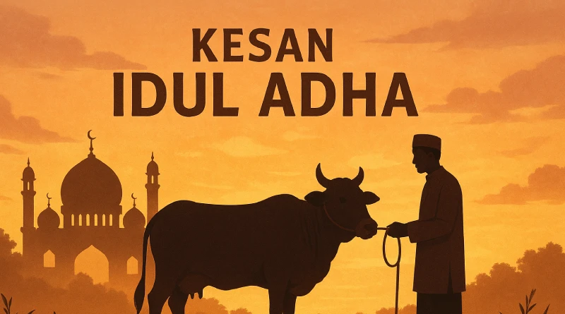 Siluet seorang pria memegang tali sapi di depan masjid saat senja, dengan teks 'Kesan Idul Adha' yang menunjukkan momen berharga hari raya.