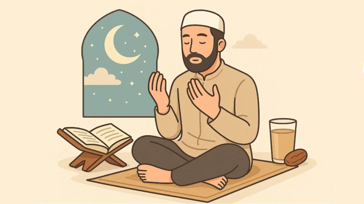 Seorang pria beramalan puasa Senin Kamis duduk bersila dengan tangan saling menggenggam, di depannya tergeletak Al-Qur'an dan segelas air serta kurma.