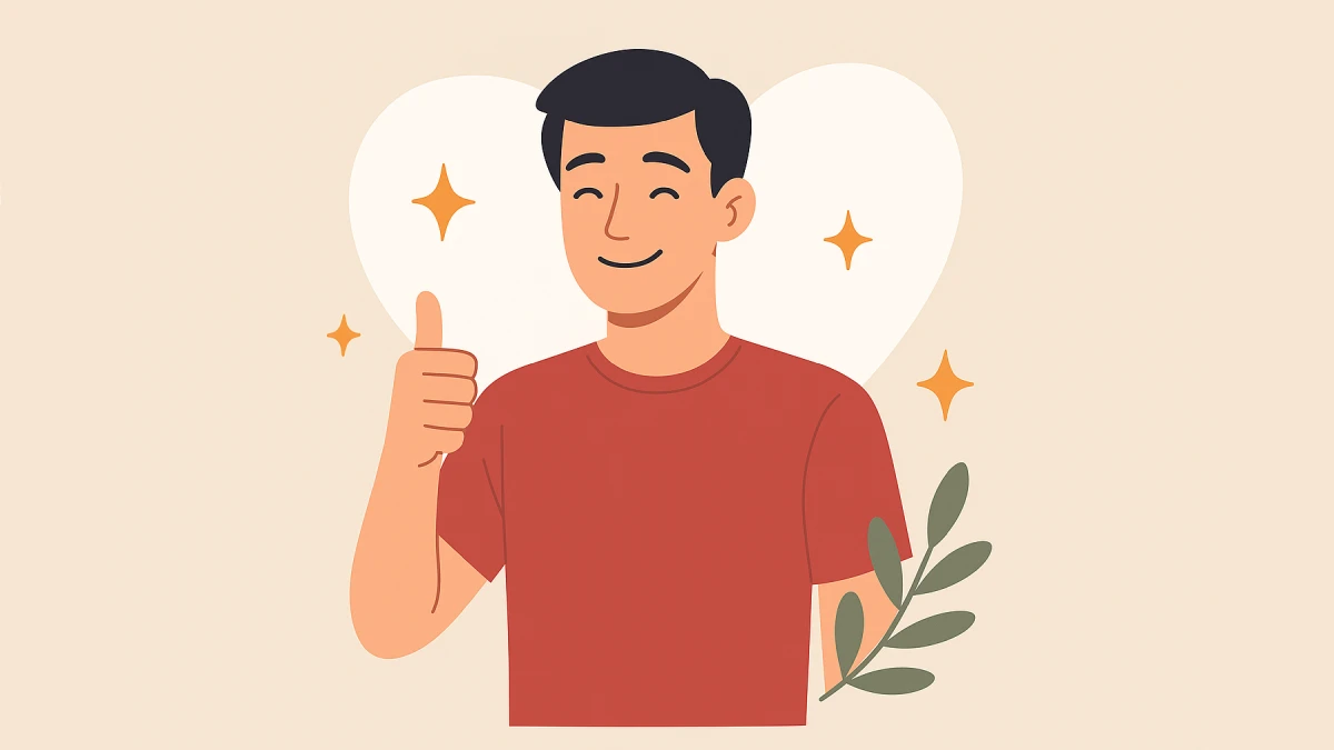 Ilustrasi pria tersenyum ramah dengan jempol ke atas, latar hati berbintang dan daun hijau. Warna merah lembut dan beige dominan, menggambarkan karakter baik yang penuh kehangatan.