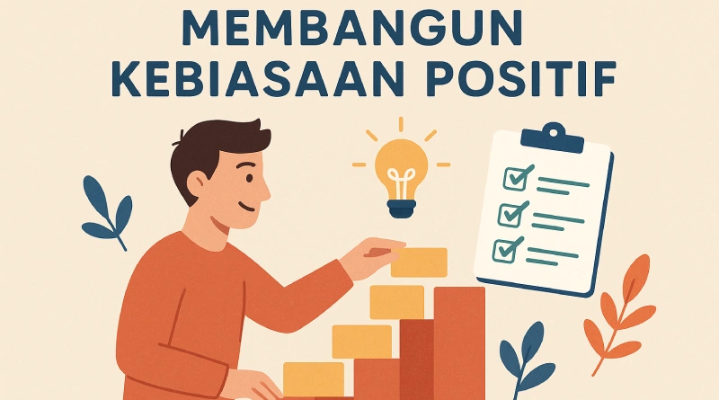 Ilustrasi seorang pria mebangun susunan dengan tangan terangkat, di atasnya ada teks 