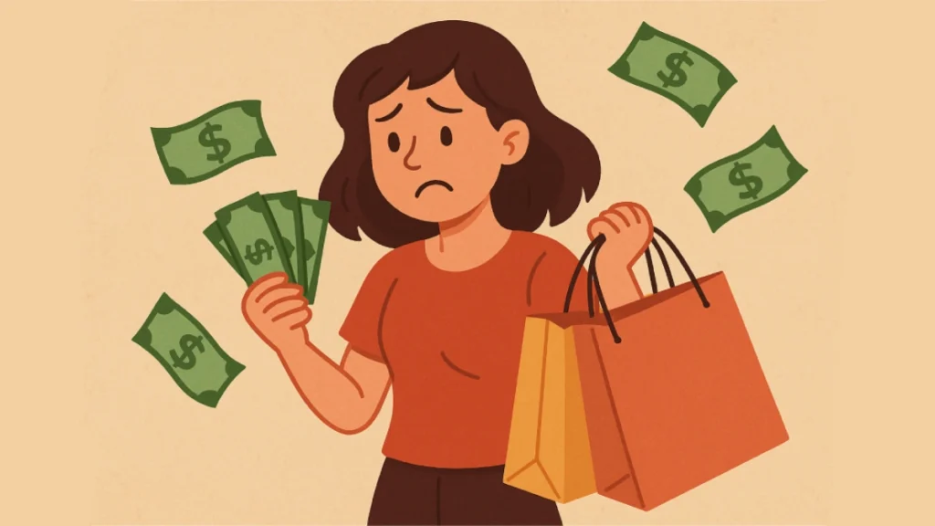 Wanita dengan ekspresi cemas memegang kantong belanja dan uang dolar terbang, simbol sifat boros .