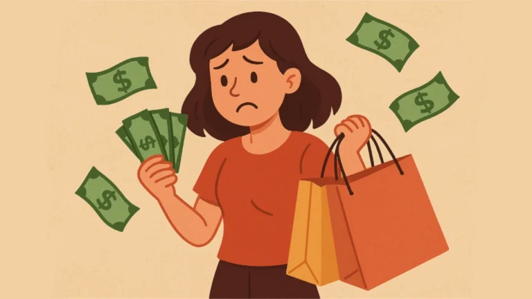 Wanita dengan ekspresi cemas memegang kantong belanja dan uang dolar terbang, simbol sifat boros .