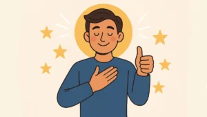 Visual karakter baik yang menggabungkan simbol spiritual dan ekspresi bahagia.