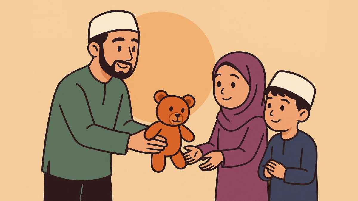 Ilustrasi program santunan anak yatim yang menunjukkan seorang pria memberikan boneka beruang kepada ibu dan anak dalam suasana hangat dan penuh kasih sayang.