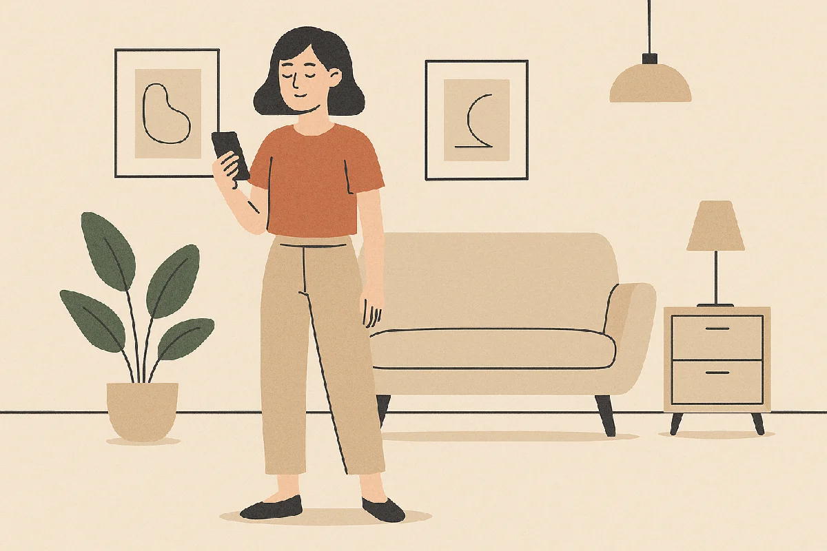 Seorang wanita berdiri di ruang tamu sederhana dengan dekorasi alami dan furnitur fungsional merupakan cerminan gaya hidup minimalis yang menekankan ketenangan dan efisiensi.