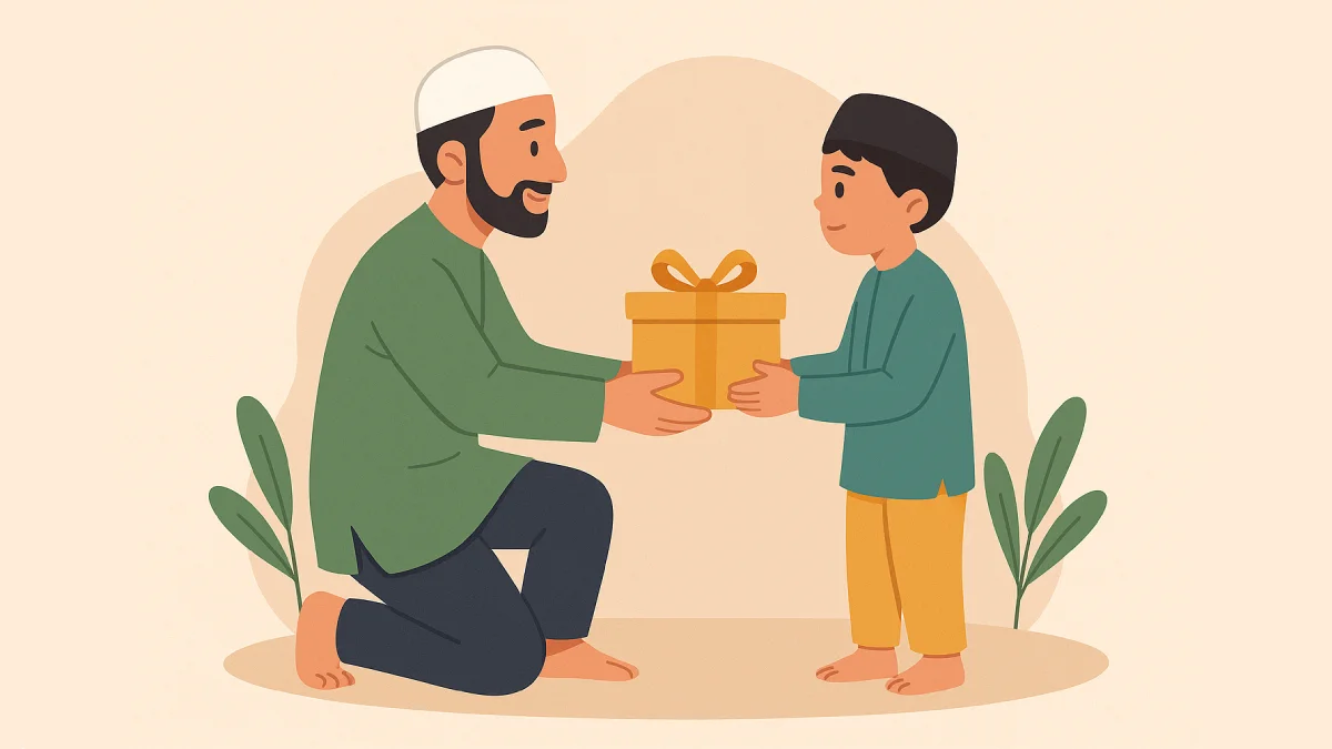 Seorang lelaki berpakaian hijau duduk di lantai, tersenyum sambil menyerahkan kotak hadiah emas kepada anak yatim di hadapannya, menggambarkan momen program santunan anak yatim yang penuh makna.