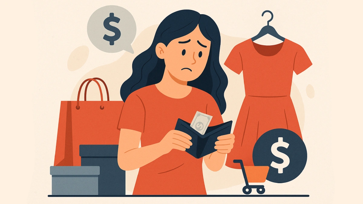Ilustrasi karakter wanita dengan ekspresi cemas memegang dompet kosong, dikelilingi kantong belanja dan simbol dolar, menggambarkan dampak sifat boros.