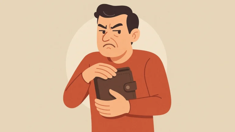 Ilustrasi kartun pria pelit memegang dompet dengan ekspresi marah.