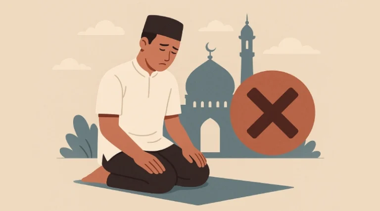 Pria duduk di sajadah tanpa gerakan shalat, latar belakang masjid dengan tanda 
