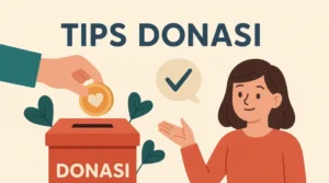 Ilustrasi sederhana menunjukkan tangan yang memasukkan koin berhati emas ke kotak donasi merah. Seorang wanita berambut cokelat tersenyum ramah di sebelahnya, dengan daun-daun segar di latar belakang. Balon ucapan berisi centang biru mengisyaratkan kepuasan. Tulisan
