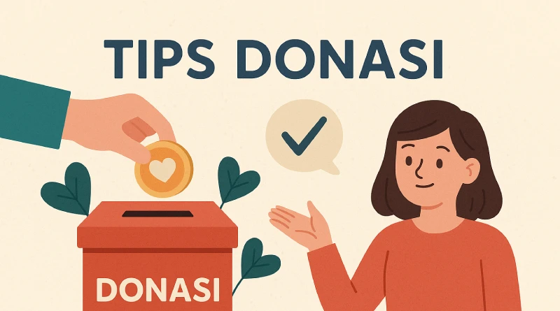 Ilustrasi sederhana menunjukkan tangan yang memasukkan koin berhati emas ke kotak donasi merah. Seorang wanita berambut cokelat tersenyum ramah di sebelahnya, dengan daun-daun segar di latar belakang. Balon ucapan berisi centang biru mengisyaratkan kepuasan. Tulisan 