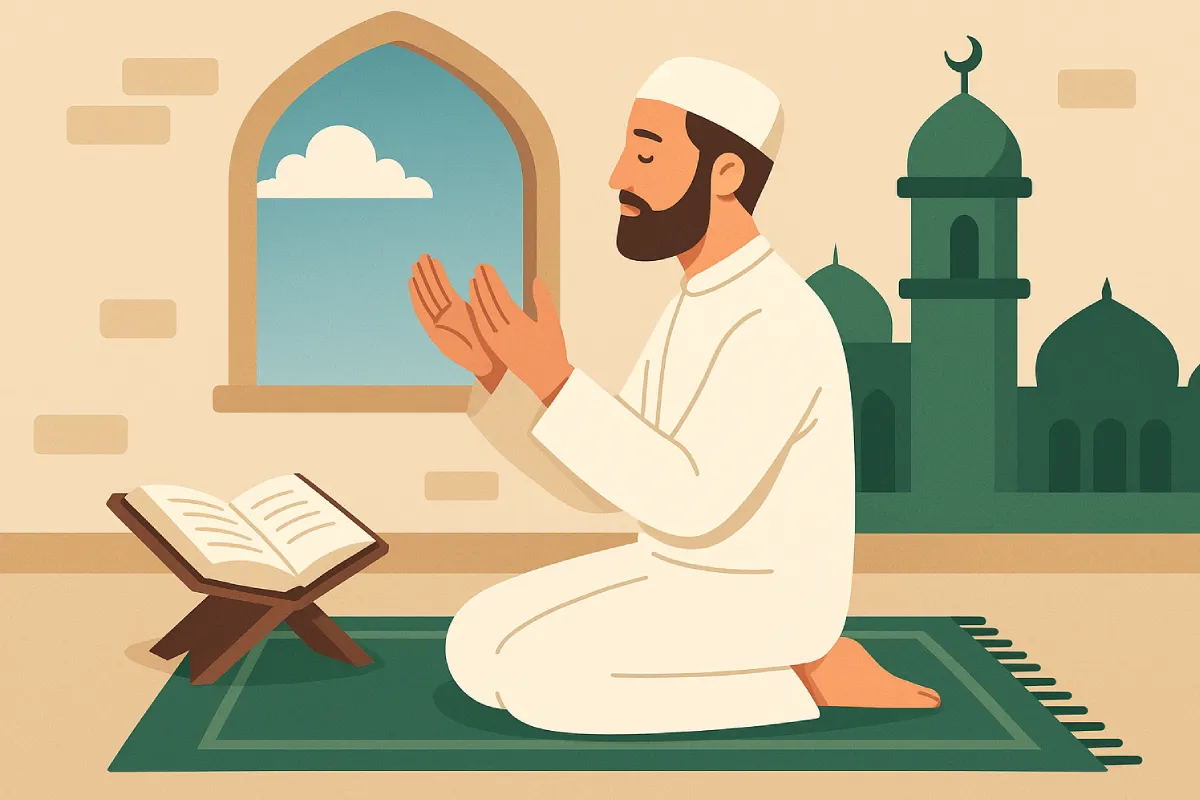 Amalan hari Jumat yang menunjukkan seorang pria berdoa di masjid dengan Al-Qur’an terbuka di depannya, simbolis dari ibadah dan keberkahan hari Jumat.