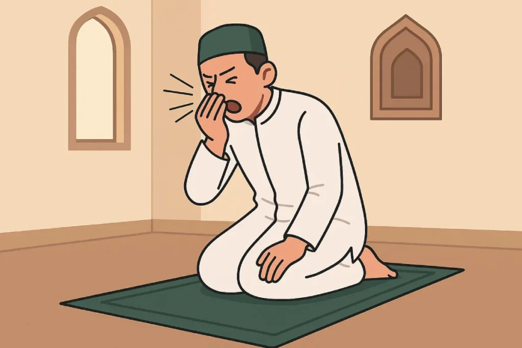 Seorang pria sedang sholat tiba-tiba bersin, langsung menahan sebentar lalu melanjutkan ruku’, menunjukkan bagaimana bersin saat sholat ditangani sesuai tuntunan. Copy Ask Explain Translate(en-US)