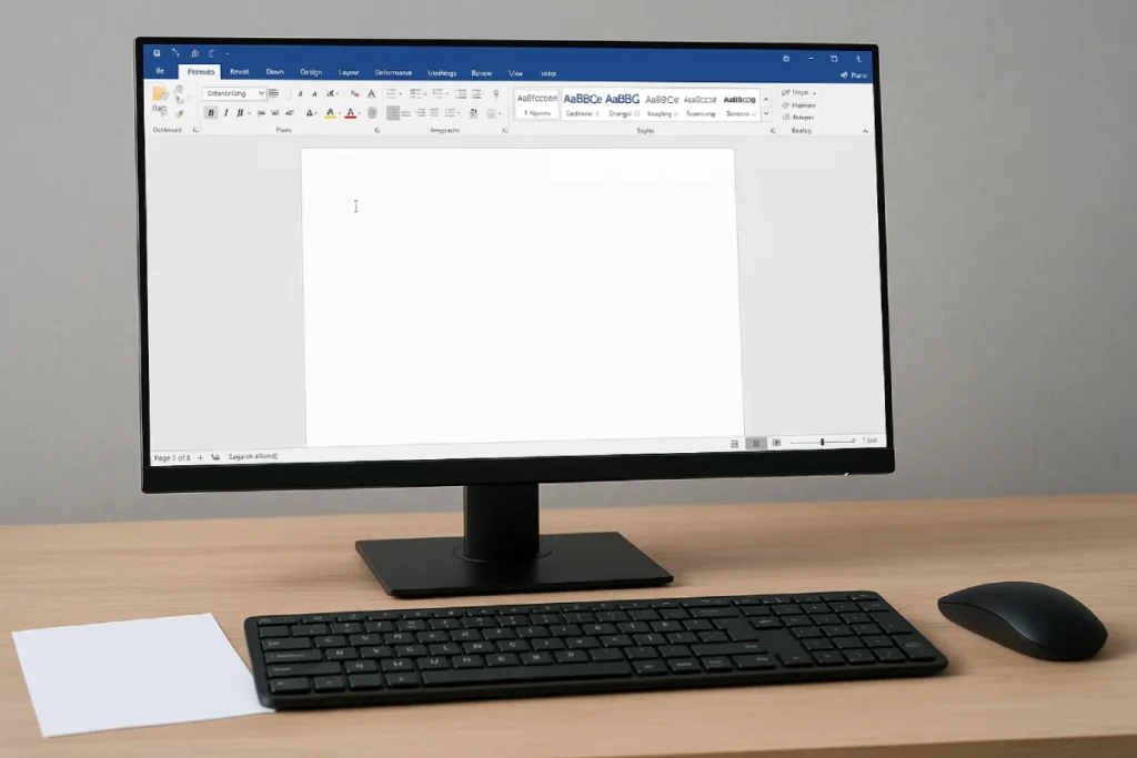 Tampilan layar komputer dengan antarmuka pengolah kata yang menunjukkan proses pengeditan dokumen, contoh visual dari cara menghapus halaman kosong di Word secara sederhana dan efektif.