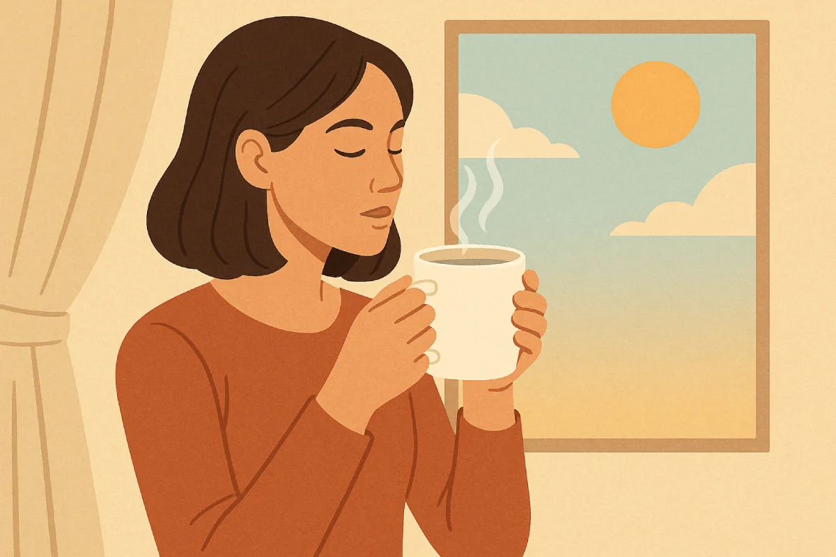 Seorang wanita menikmati secangkir air putih hangat di pagi hari sambil ditemani sinar matahari yang masuk melalui jendela, simbol Minum Air Putih Hangat Setiap Pagi sebagai kebiasaan sehat yang menyegarkan.