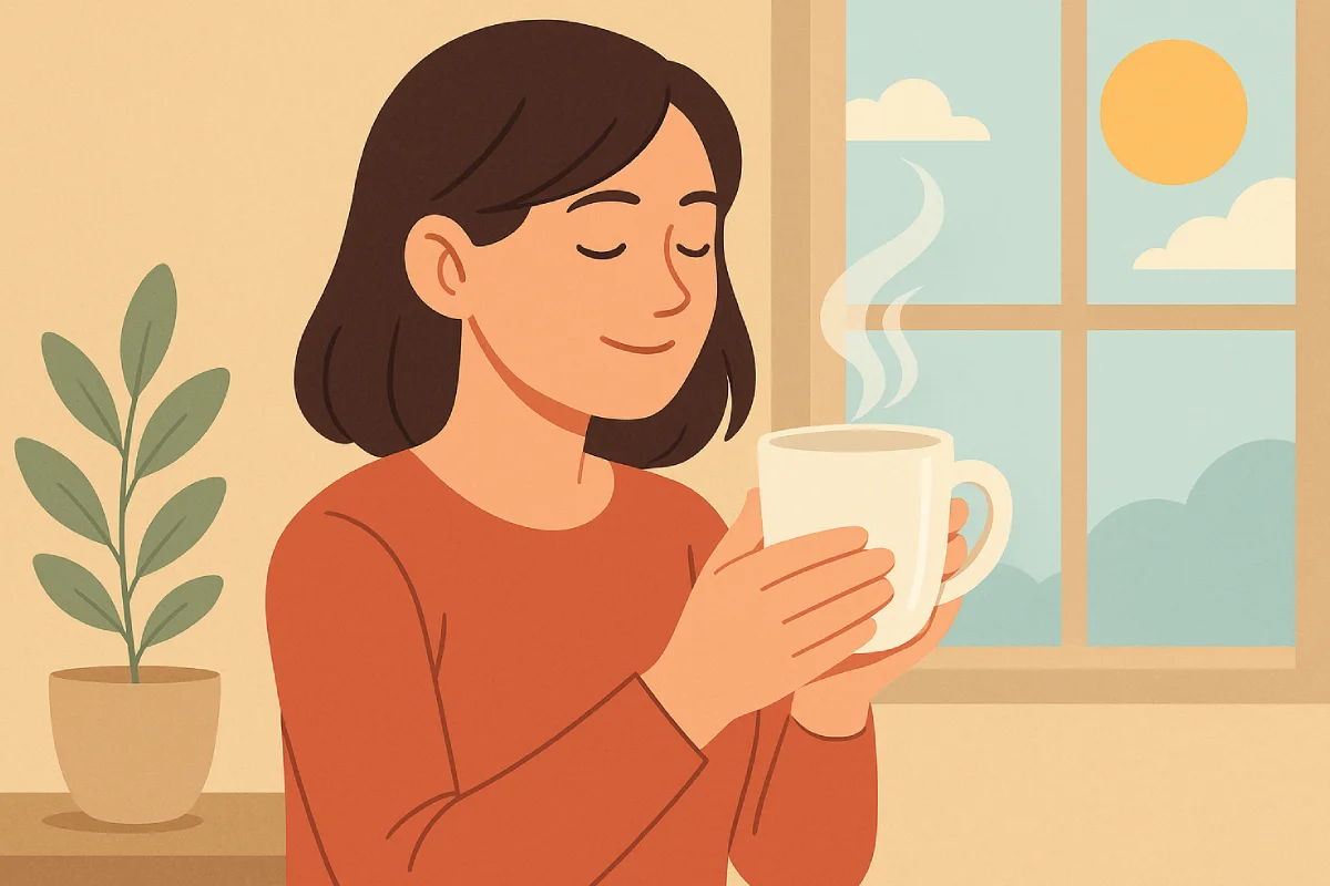 Seorang wanita menikmati secangkir air putih hangat di pagi hari sambil ditemani sinar matahari yang masuk melalui jendela, simbol Minum Air Putih Hangat Setiap Pagi sebagai kebiasaan sehat yang menyegarkan.