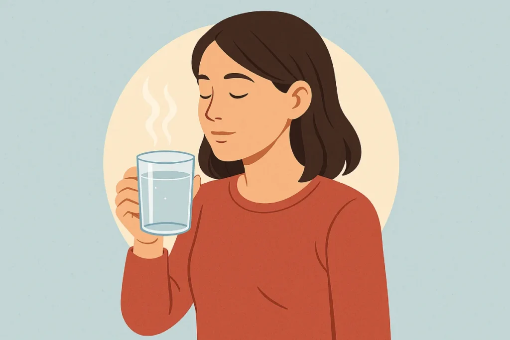 Seorang wanita muda meneguk air putih hangat di pagi hari, simbol dari kebiasaan Minum Air Putih Hangat Setiap Pagi yang baik untuk kesehatan.