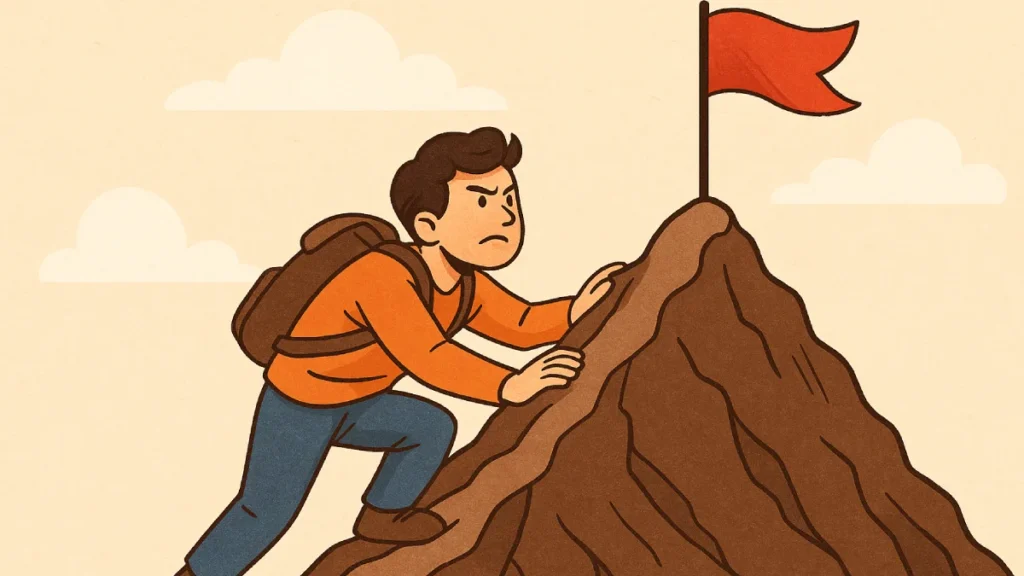 Seorang pria berjuang mendaki bukit curam dengan bendera merah di puncak yang merupakan simbol pantang menyerah dalam menghadapi tantangan hidup.