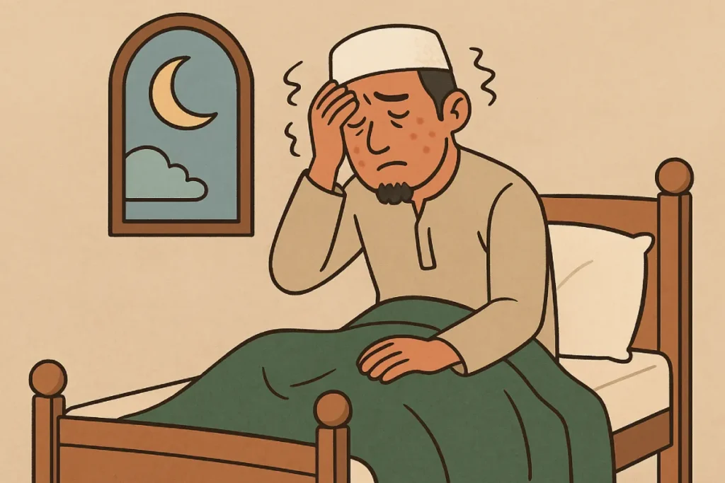 penyakit di bulan Safar yang menunjukkan seorang pria terlihat sakit dan merasa tidak nyaman, dengan latar belakang bulan Sabit yang mengingatkan pada mitos khurafat.