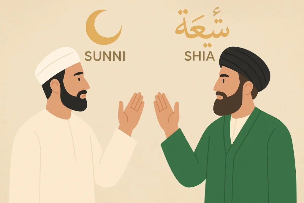 Perbedaan Sunni dan Syiah yang menggambarkan dua aliran utama dalam Islam dengan jalan spiritual dan sejarah yang berbeda namun memiliki akar keimanan yang sama.