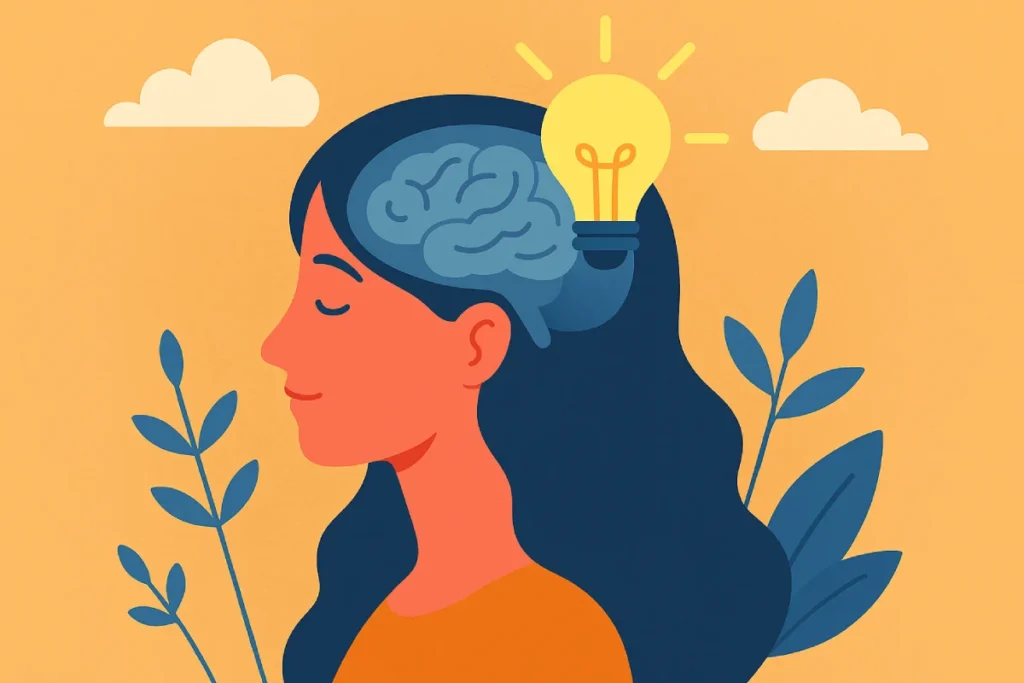 Seorang wanita dengan lampu terang di kepala, simbol pikiran positif yang muncul dari refleksi dan inspirasi.