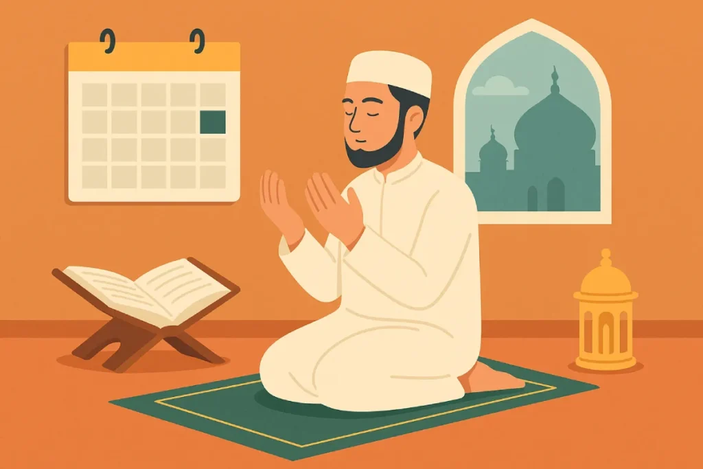 Amalan hari Jumat dengan simbol masjid, Al-Qur’an, tangan terangkat berdoa, dan cahaya keberkahan yang menggambarkan spiritualitas di hari yang dimuliakan.