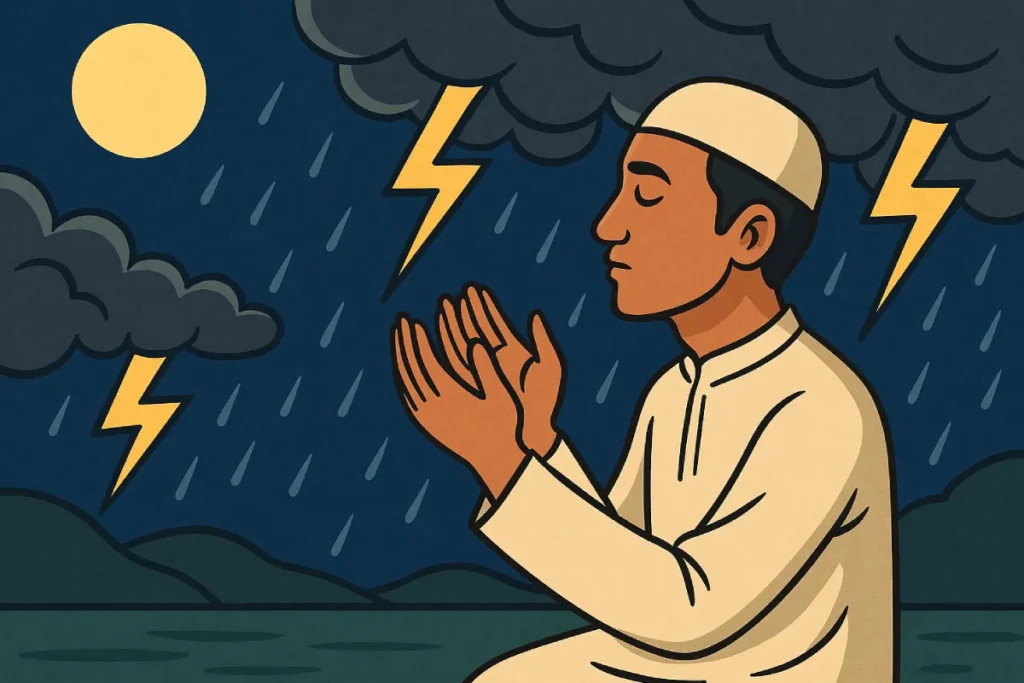 doa tolak bala bulan Safar dengan suasana malam tenang, tangan terangkat berdoa, dan cahaya lembut yang melambangkan perlindungan dan keikhlasan di hadapan Allah SWT.