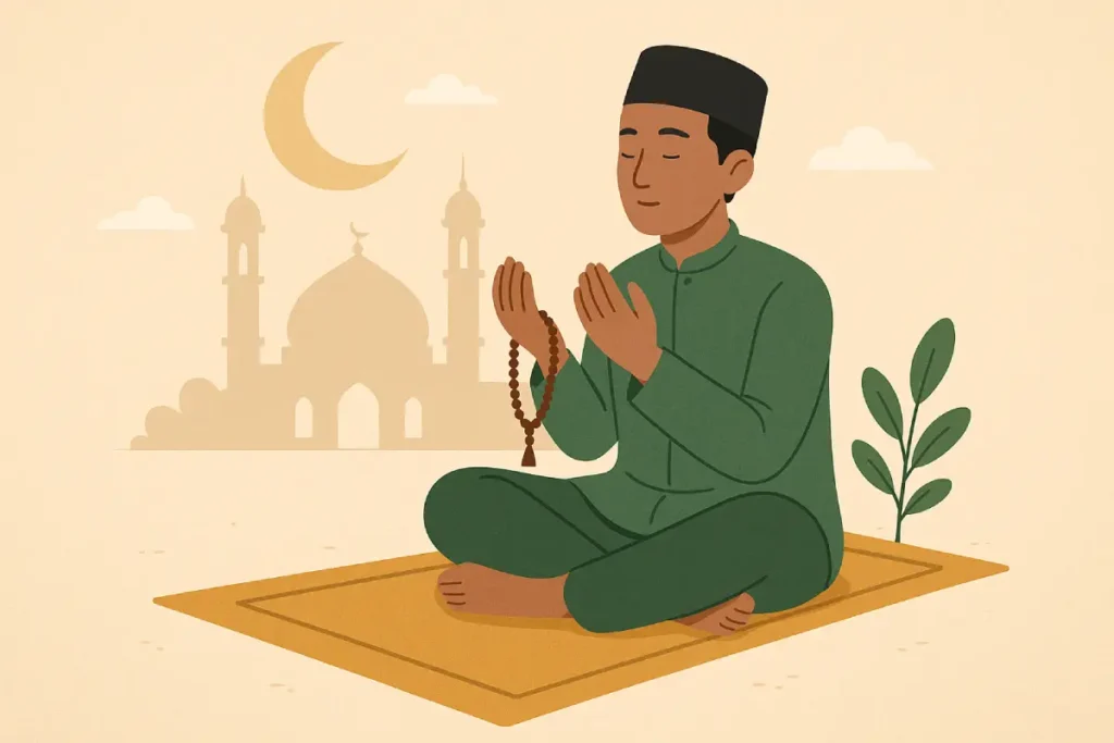 Seorang pria sedang berdoa sambil memegang tasbih dengan latar bulan sabit dan masjid, menggambarkan amalan di awal bulan Rabiul Awal.