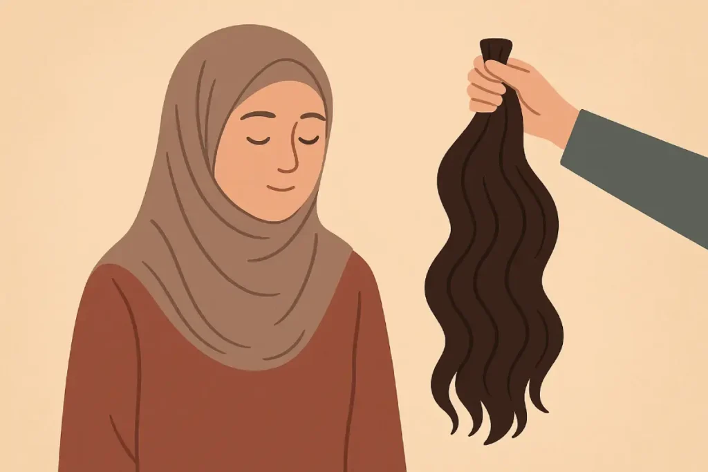 Seorang wanita memakai hijab sedang diperlihatkan ekstensi rambut, menggambarkan diskusi tentang hukum menyambung rambut dalam Islam.