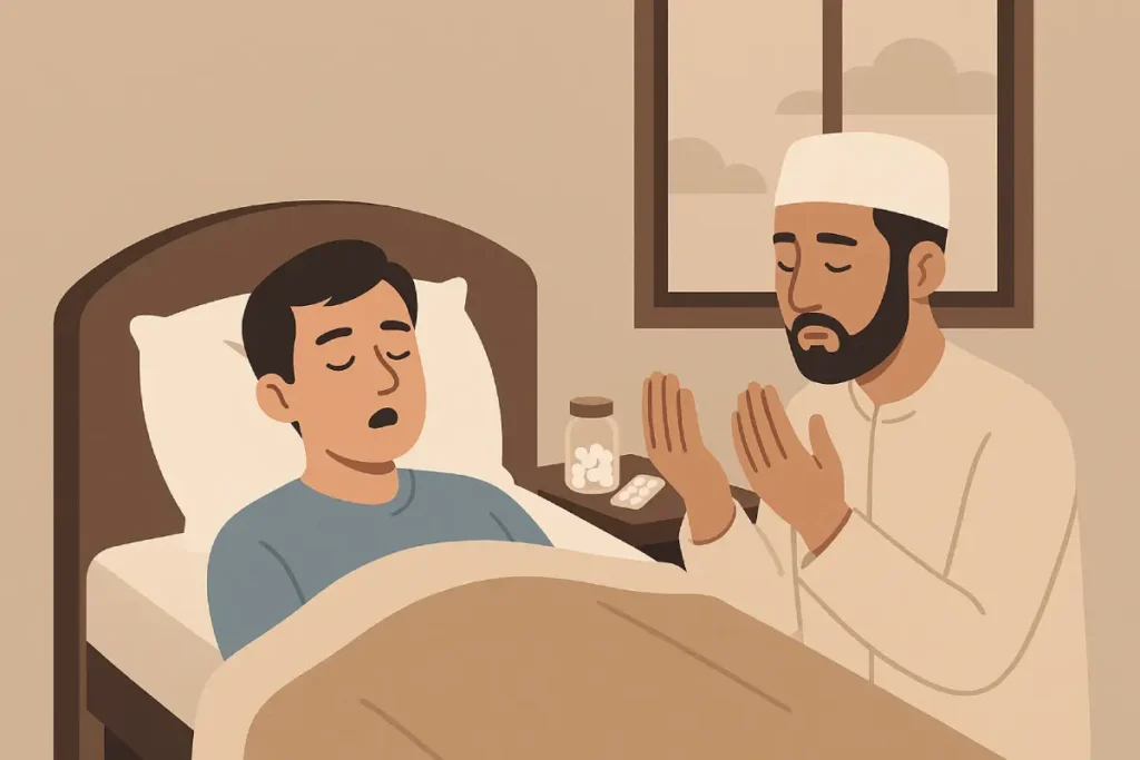 Ilustrasi doa dengan latar kaligrafi, menunjukkan makna manfaat As alullaahal azhiim rabbal arsyil azhiim an yasyfiyaka.