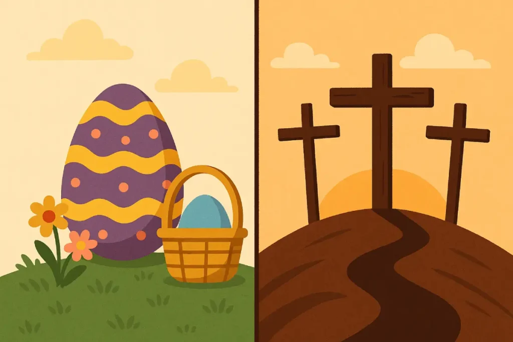Ilustrasi perbandingan antara telur Paskah dan keranjang di sisi cerah dengan tiga salib di Gunung Kalvari, menggambarkan makna Paskah dan Jumat Agung.