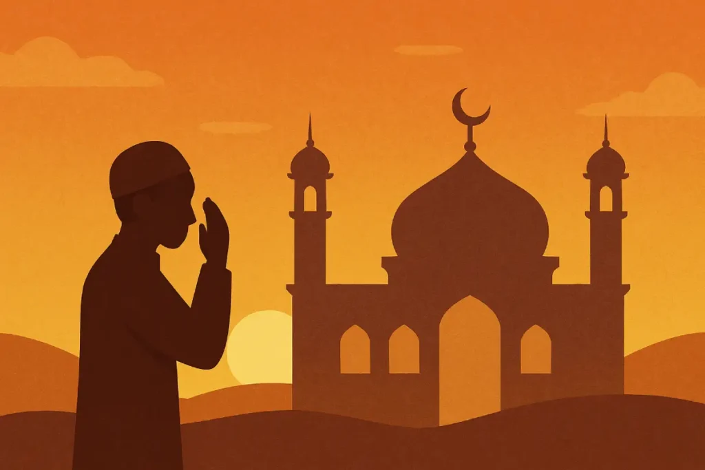 Siluet seorang pria sedang berdoa di depan masjid saat matahari terbenam, menggambarkan keutamaan hari Sayyidul Ayyam.