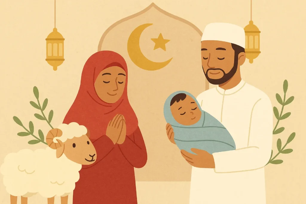 Ilustrasi keluarga muslim sedang mempersiapkan hewan aqiqah sambil memegang bayi, menggambarkan pelaksanaan tata cara aqiqah dalam Islam secara syar’i.