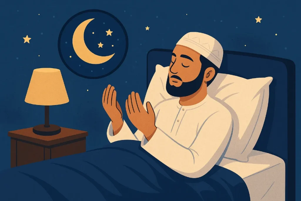 Seorang pria berdoa sebelum tidur di tempat tidurnya, dengan tangan bersilang dan mata tertutup, mencerminkan pentingnya Tips Agar Cepat Tidur dalam Islam.